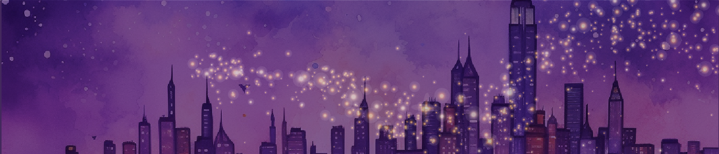 Mostly purple decorative illustration of a city skyline with skyscrapers and firefly lights jumping across the whole image