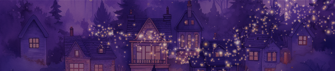 Houses on a quiet street and firefly lights jumping across the whole image