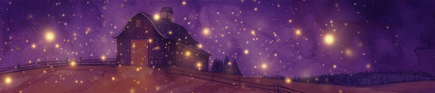 Mostly purple decorative illustration of a barn and firefly lights jumping across the whole image