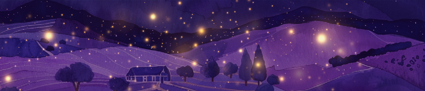 Mostly purple decorative illustration of hills, trees and a small barn with firefly lights jumping across the whole image