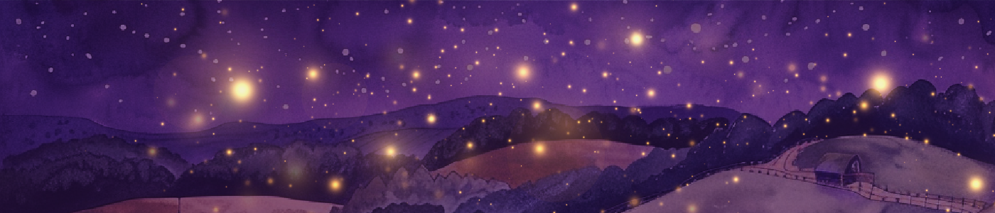 Mostly purple decorative illustration of rolling hills and a small house with firefly lights jumping across the whole image