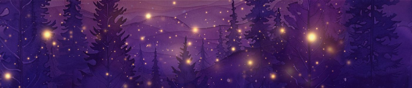 Mostly purple decorative illustration of large trees in a forest and hill in the distance with firefly lights jumping across the whole image